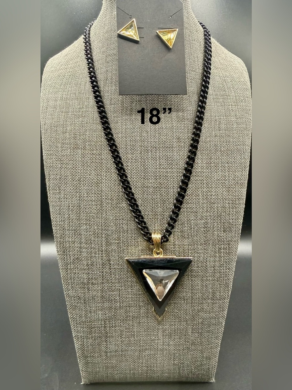 Triangle Pendant Necklace and Earring Set - Black and Gold
